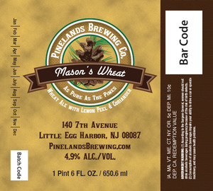 Pinelands Brewing Co. Mason's Wheat January 2014