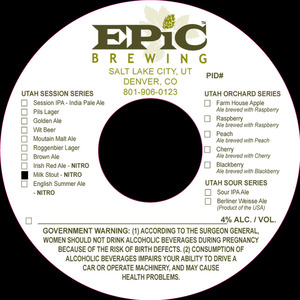 Epic Brewing Utah Session Series Milk Stout