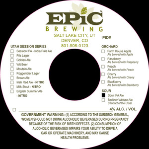 Epic Brewing Utah Session Series Sour IPA November 2015