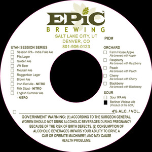 Epic Brewing Utah Session Series Berliner Weisse Ale November 2015