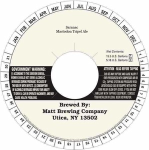 Matt Brewing Co., Inc. Mastodon Tripel Ale May 2016
