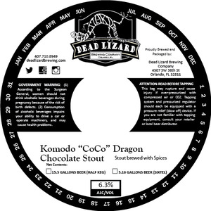 Dead Lizard Brewing Company Komodo ¿coco¿ Dragon Chocolate Stout September 2016