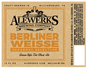 Williamsburg Alewerks LLC Alewerks Berliner Weisse December 2016
