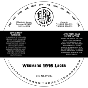 Three Heads Brewing Wegmans 1916 Lager November 2016