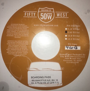 Fifty West Brewing Company Boarding Pass December 2016