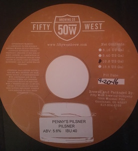 Fifty West Brewing Company Penny's Pilsner November 2016