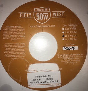 Fifty West Brewing Company Roam Pale Ale December 2016