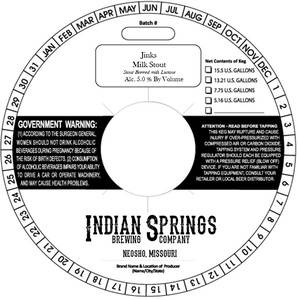 Indian Springs Brewing Company Jinks Milk Stout March 2020