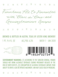 Jester King Farmhouse Ale Co-fermented With Blanc Du Bois And Gewurztraminer Grapes March 2020