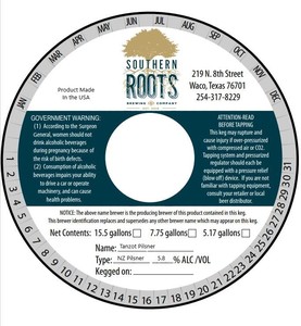 Southern Roots Brewing Company Tanzot Pilsner April 2022