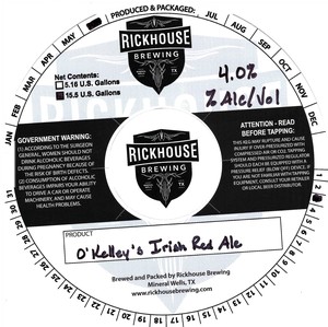 Rickhouse Brewing O'kelley's Irish Red Ale June 2022