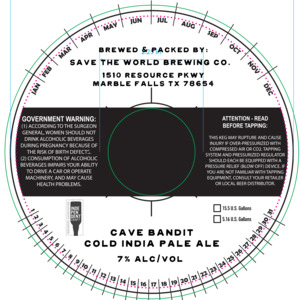 Save The World Brewing Co. Cave Bandit Cold India Pale Ale January 2023