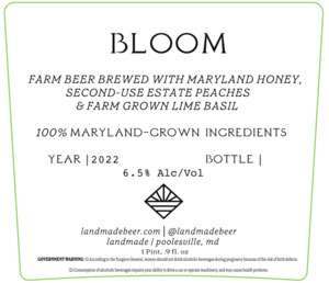 Bloom Farm Beer Brewed With Maryland Honey, Second-use Estate Peaches, & Farm Grown Lime Basil January 2023