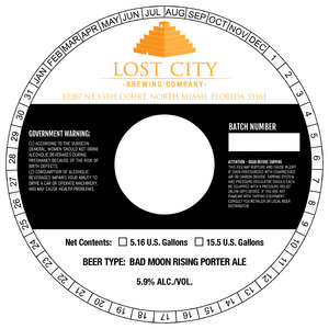 Lost City Brewing Company Bad Moon Rising Porter Ale February 2023