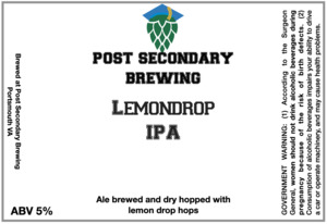 Post Secondary Brewing Lemondrop IPA February 2023