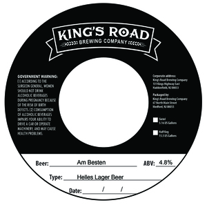 King's Road Brewing Company Am Besten Helles Lager Beer February 2023