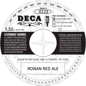 Deca Beer Company Ronan Red Ale