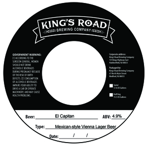 King's Road Brewing Company El Capitan Mexican-style Vienna Lager Beer April 2023